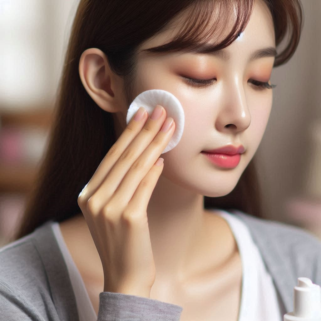 Woman applying Korean skin toner on her face