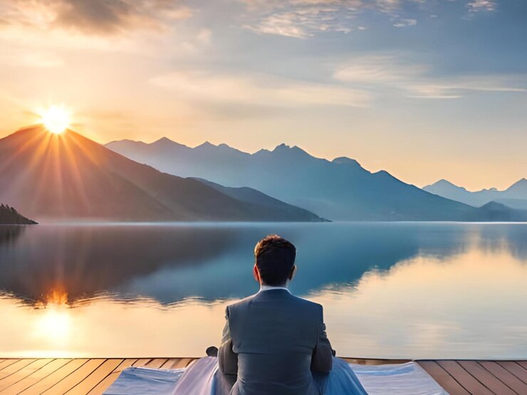 man-sits-dock-front-lake-looks-mountains-sunset