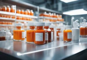 Bottles of orange liquid on laboratory shelf.