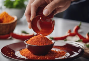 A person sprinkling chili powder into a bowl of food.