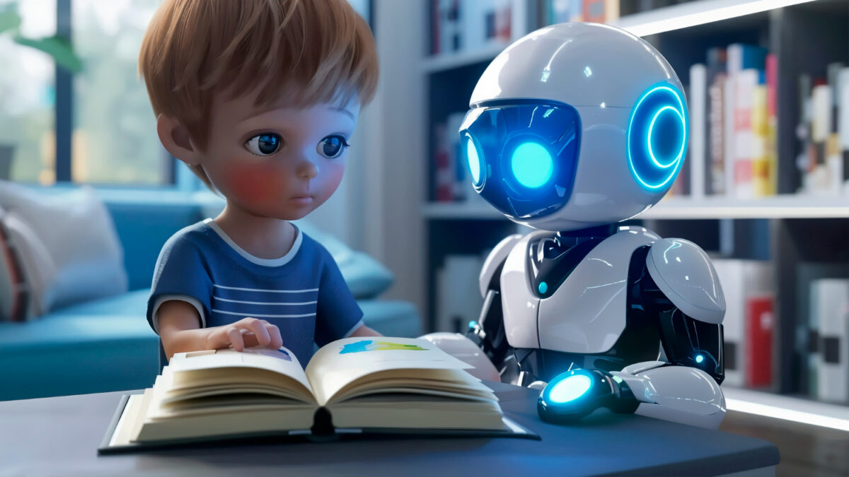 a kid & ai robot reading a book