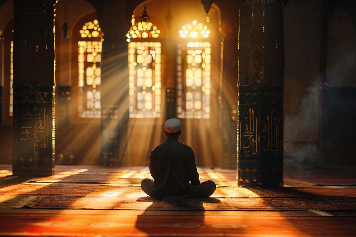 A man sits in a mosque with the words holy worship