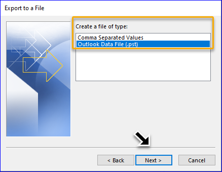 In the Export to a file wizard, click on Outlook Data file and move ahead by pressing Next.