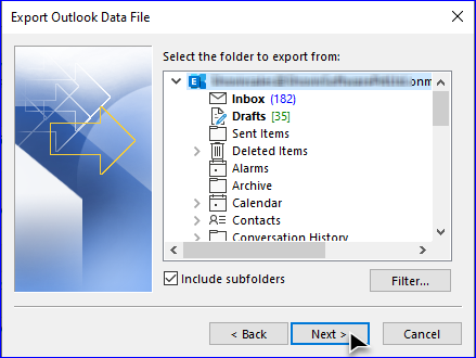 Select the folder you need to move into the PST file