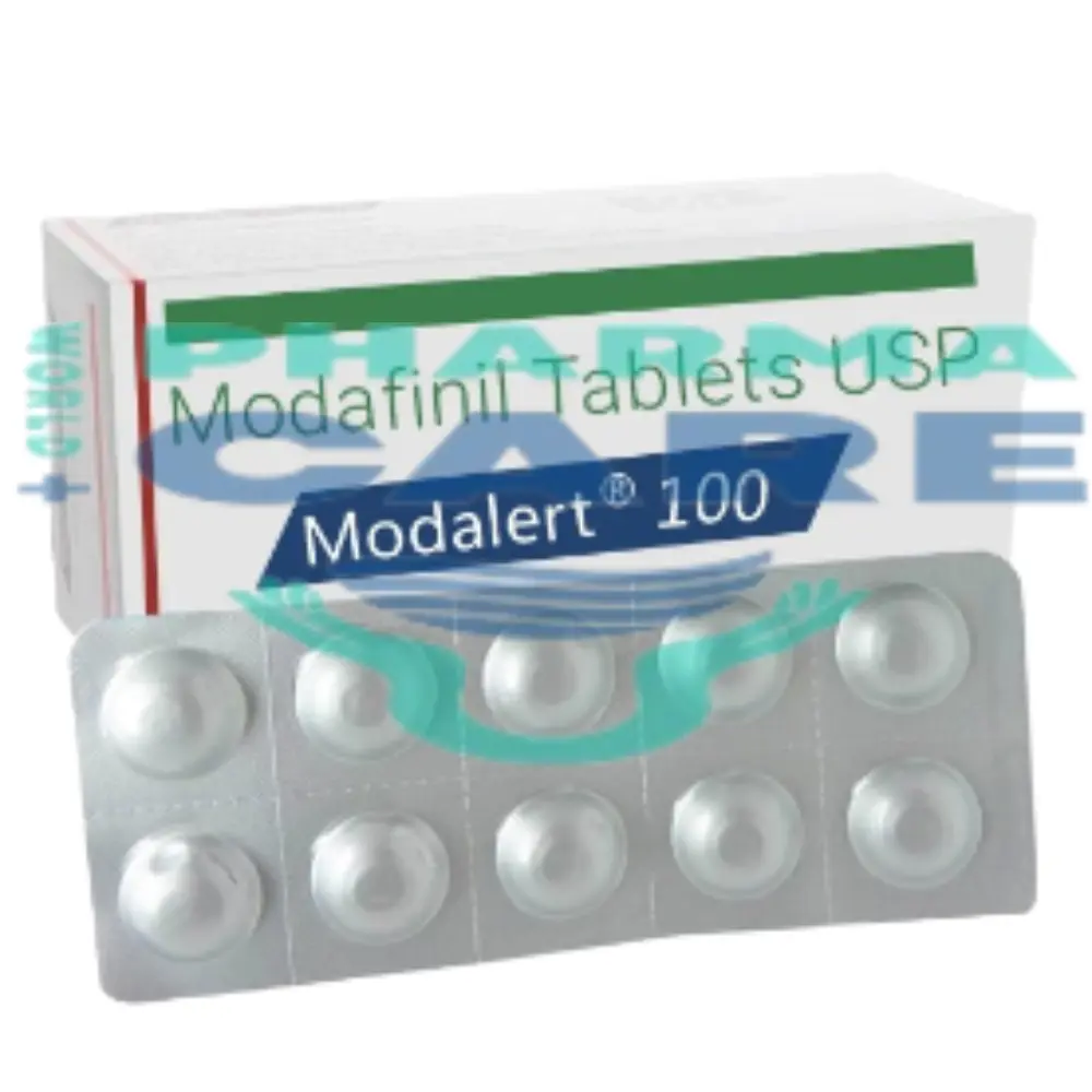 Blister pack of Modalert 100 mg tablets used to promote wakefulness and enhance cognitive function.