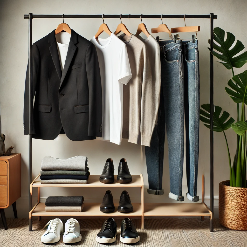 A-minimalist-and-stylish-wardrobe-setup-featuring-high-quality-basics-like-a-white-t-shirt-black-blazer-blue-jeans-and-leather-shoes-neatly-arrange