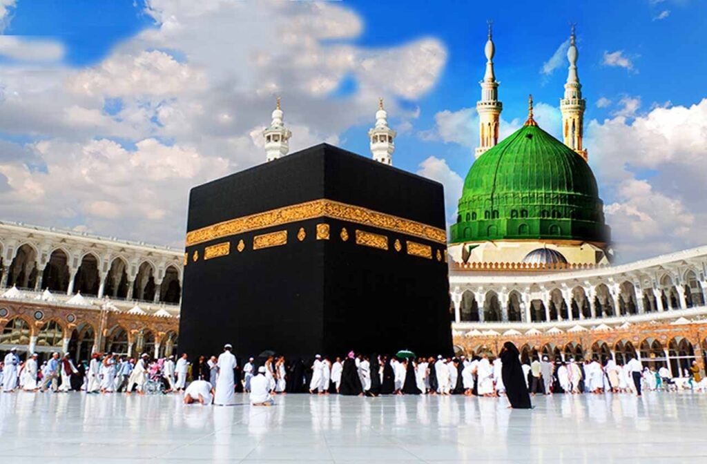 Pilgrims performing Umrah around the Kaaba in Makkah with the Green Dome in the background on a clear day.