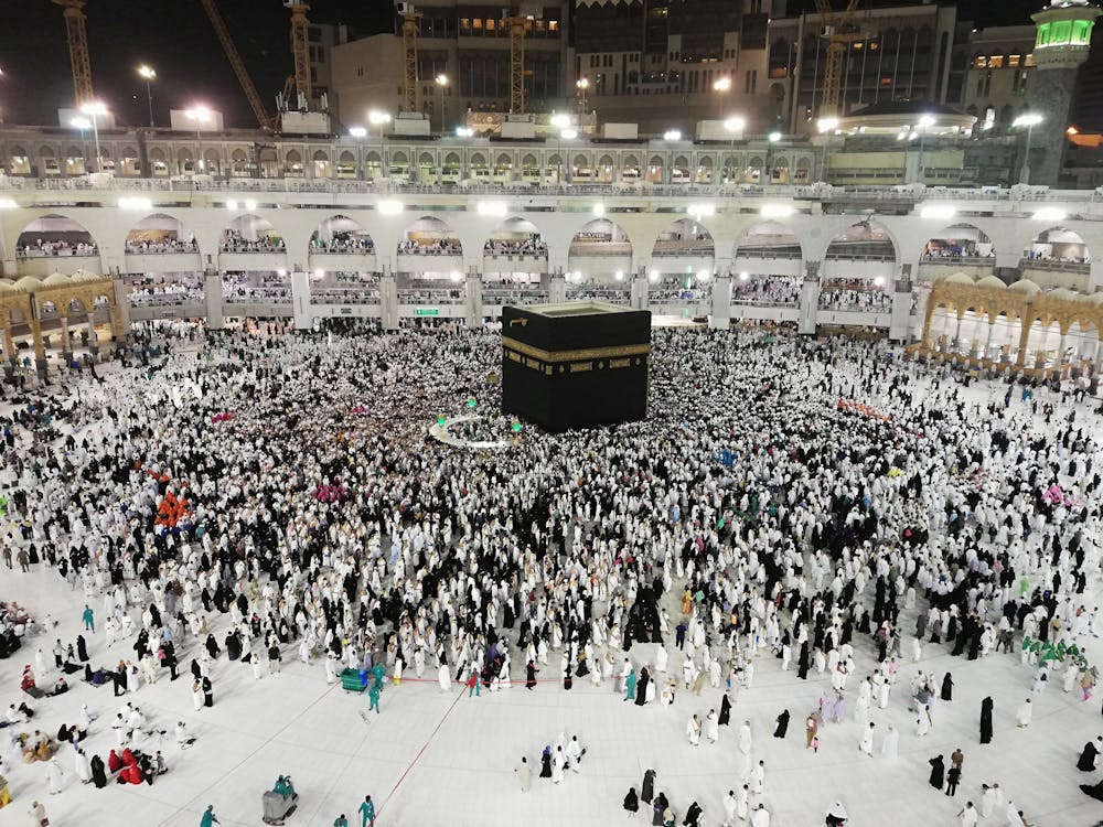 Thousands of Muslim pilgrims performing Tawaf around the Kaaba at Masjid al-Haram in Makkah, Saudi Arabia, during a pilgrimage, symbolizing unity and devotion in Islam.