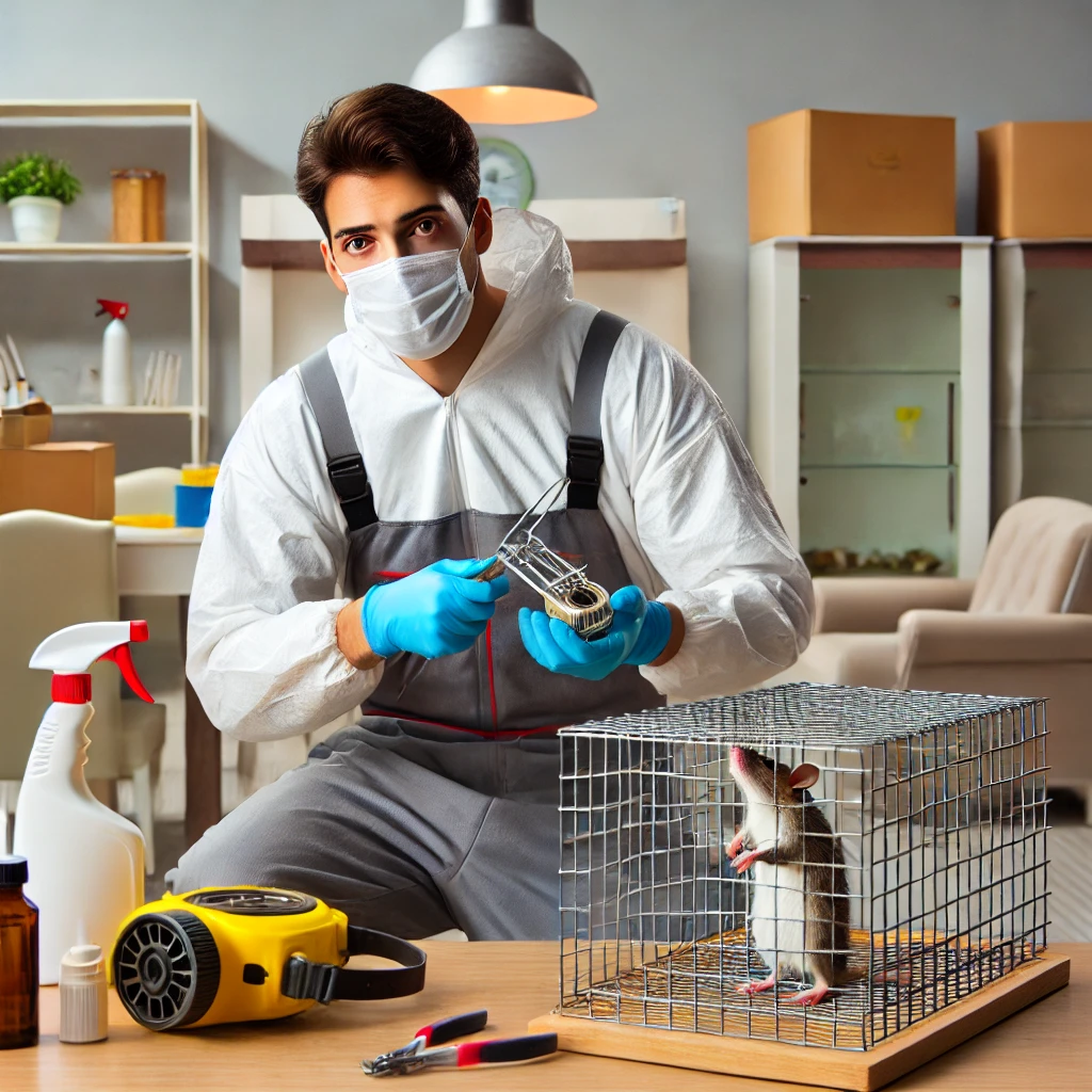 A mice exterminator in a professional setting wearing protective clothing gloves and a mask.