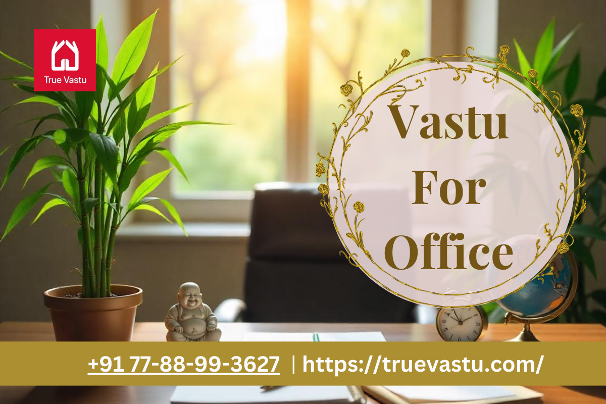 Vastu-compliant office desk setup with a lucky bamboo plant, crystal tree, laughing Buddha, gold coin ship, notepad, table clock, and globe, promoting productivity, success, and positive energy