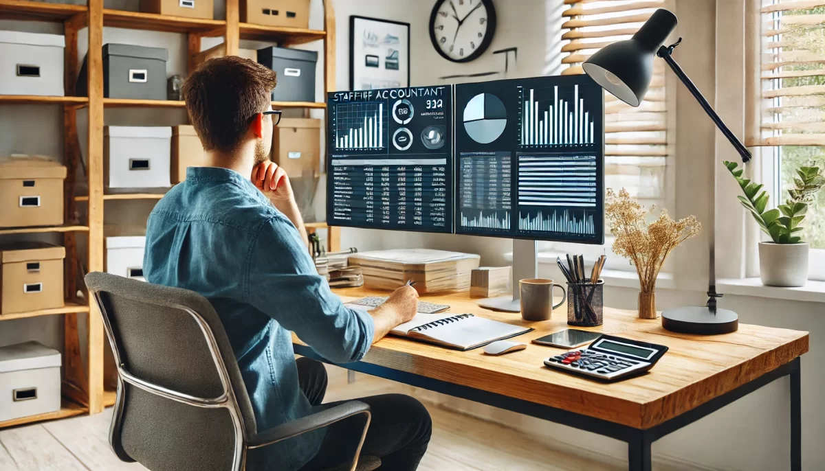 remote accountant doing work in computer on desk