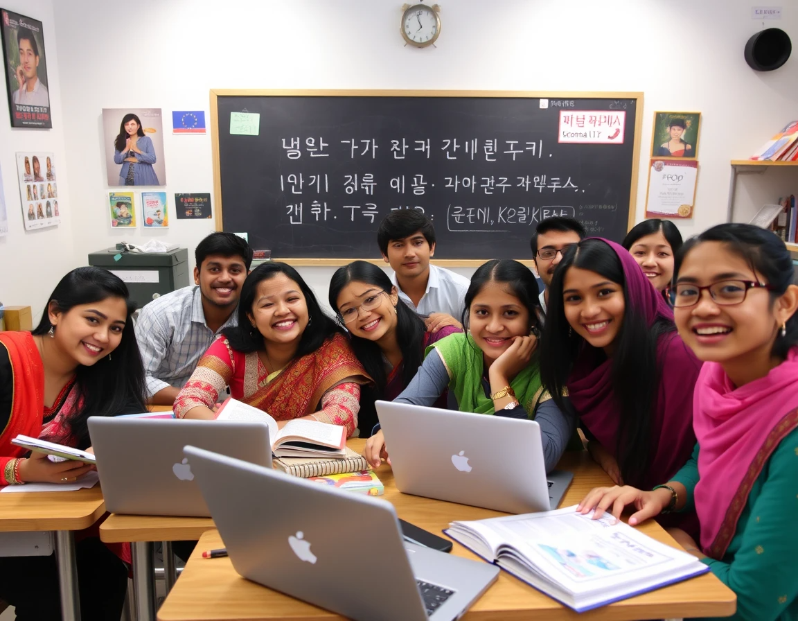 Group of students learning Korean language in India